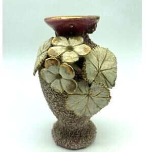Vintage Sand Majolica Vase Pink Amphora Applied‎ Flowers gilded barbotine .